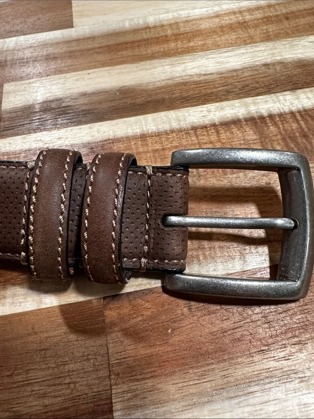 Johnston & Murphy Brown Perforated Leather Belt with Brushed Silver Buckle 448